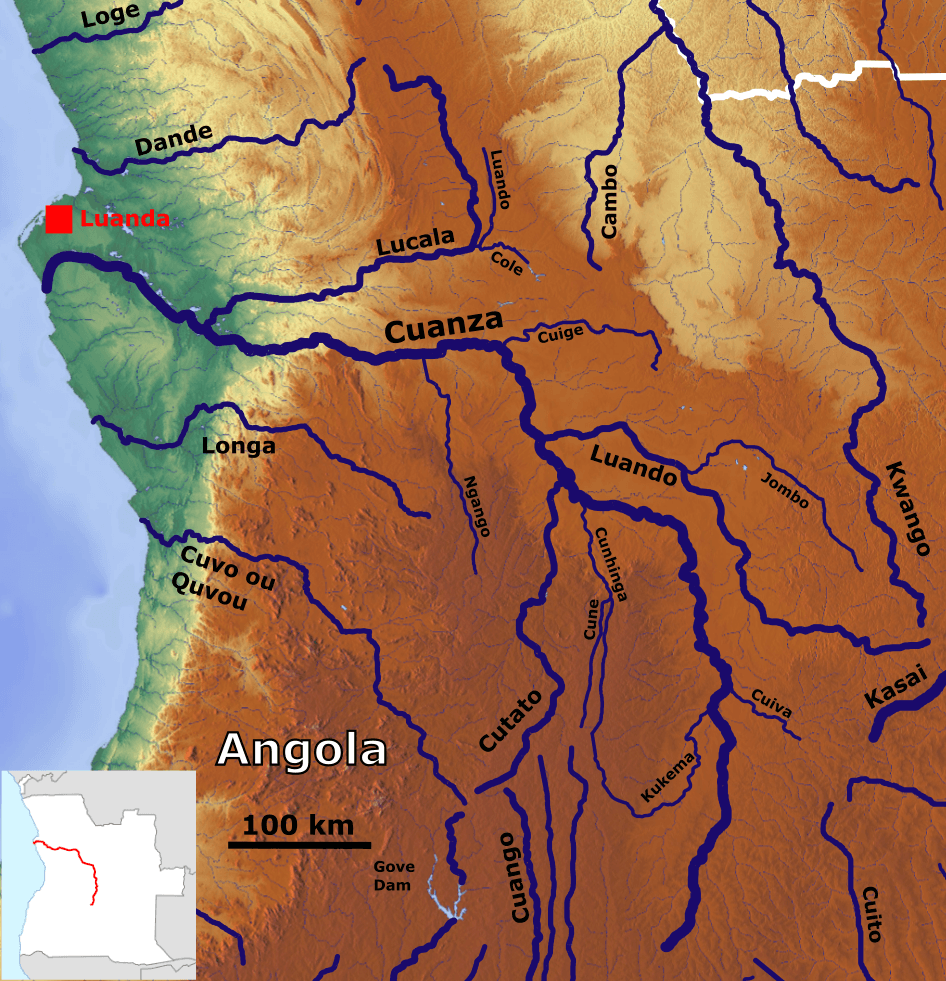 Mapa do rio Kwanza e dos seus afluentes em Angola