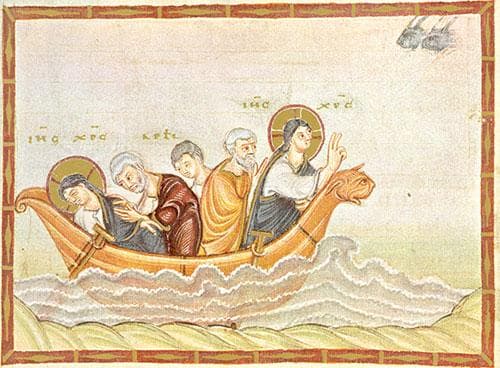 Christus stillt den Seesturm, ottonische Buchmalerei des Codex Egberti, um 980 bis 993