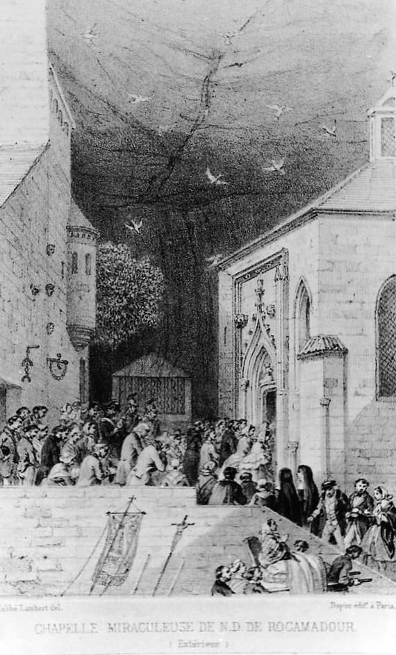 Wallfahrer vor der Wunderkapelle von Rocamadour, Stich des 19. Jahrhunderts