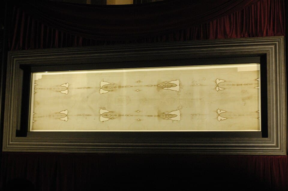 The Shroud displayed in its frame during the Turin ostension in May 2010