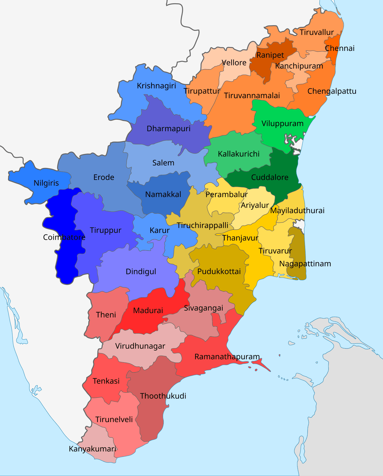 Mapa de los distritos de Tamil Nadu, incluido Nagapattinam, donde se encuentra Velankanni