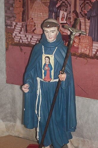 Küçük bir Meryem tasviri taşıyan Antonio de Segovia'nın yontulu betimlemesi