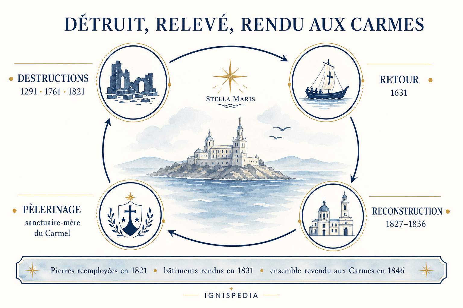 Ciclo storico delle distruzioni, del ritorno dei Carmelitani e della ricostruzione di Stella Maris