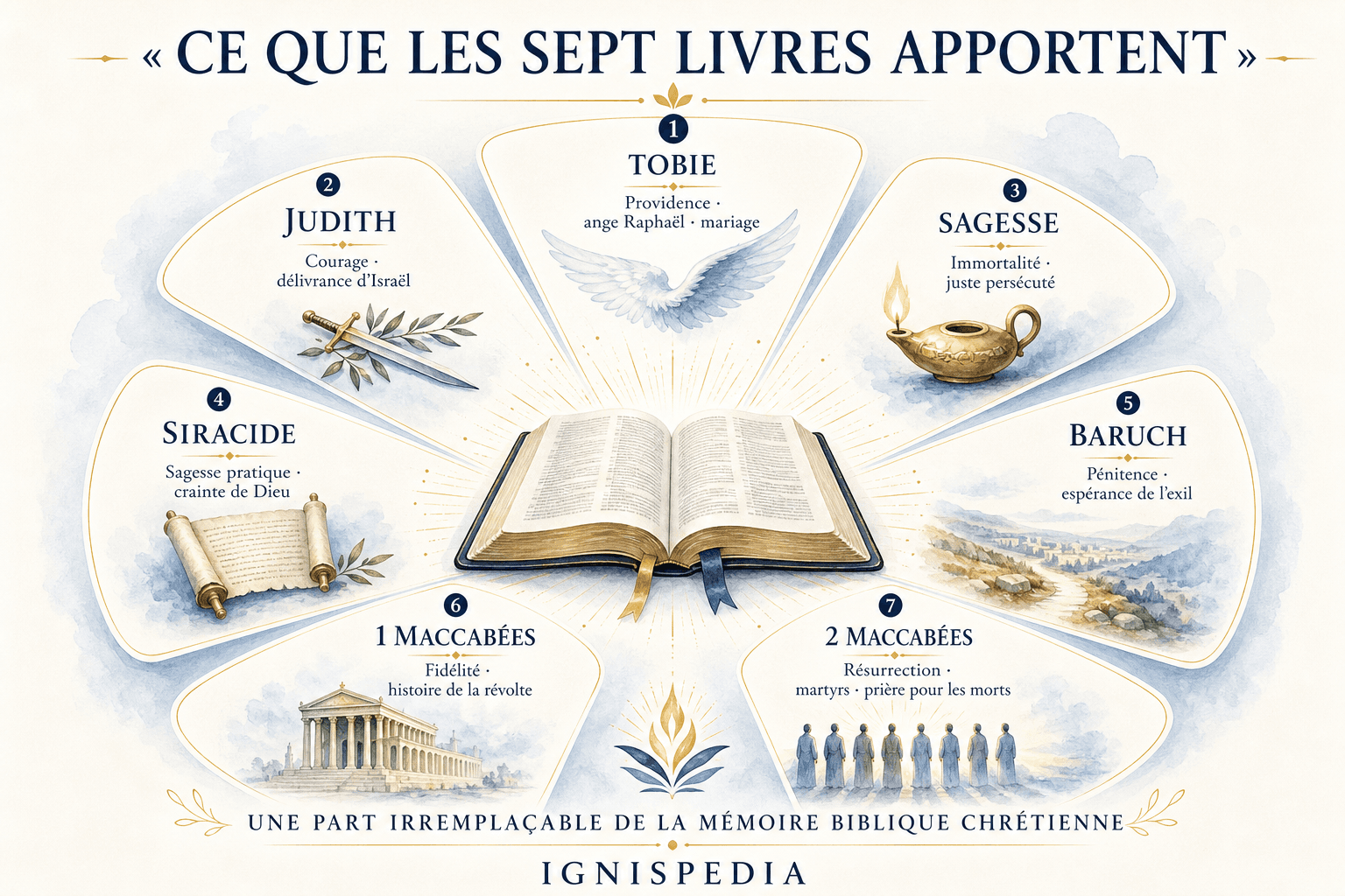 Infographie synthetisant les apports doctrinaux et spirituels des sept livres deuterocanoniques