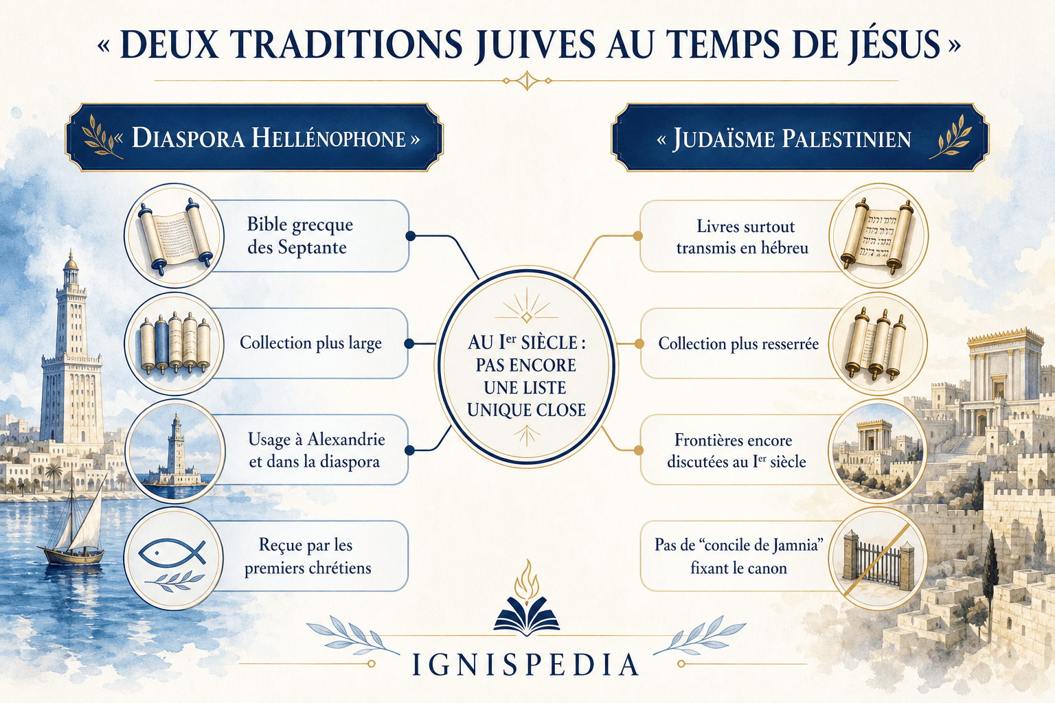 Infographie montrant les deux canons juifs au temps de Jesus : le canon alexandrin grec plus large et le canon palestinien hebreu plus court