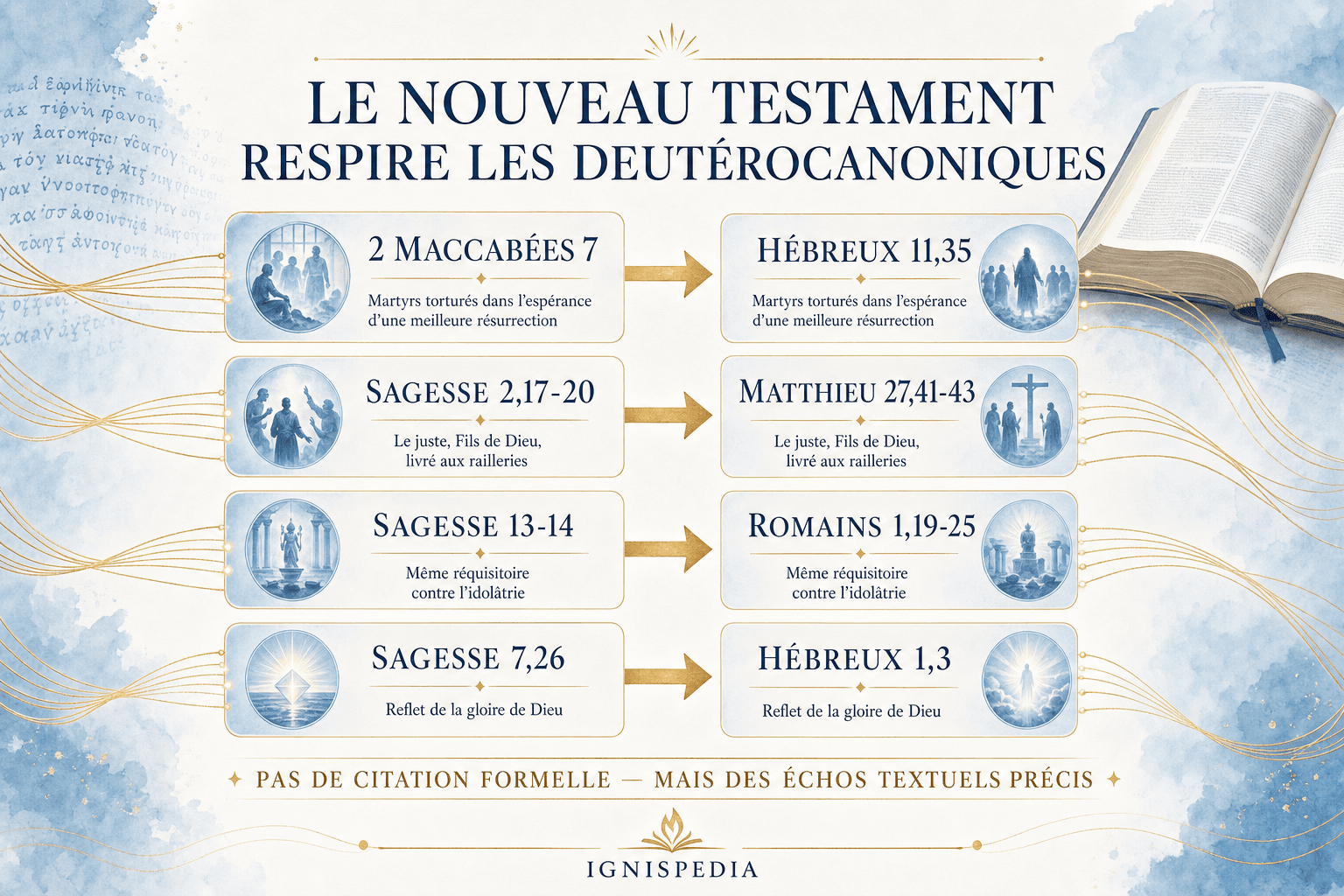 Infographie reliant des versets du Nouveau Testament a leurs sources deuterocanoniques : Hebreux 11 et 2 Maccabees 7, la Passion et Sagesse 2