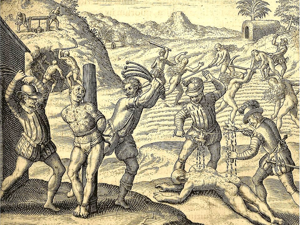 Gravure de Theodor de Bry montrant les violences de la conquête espagnole