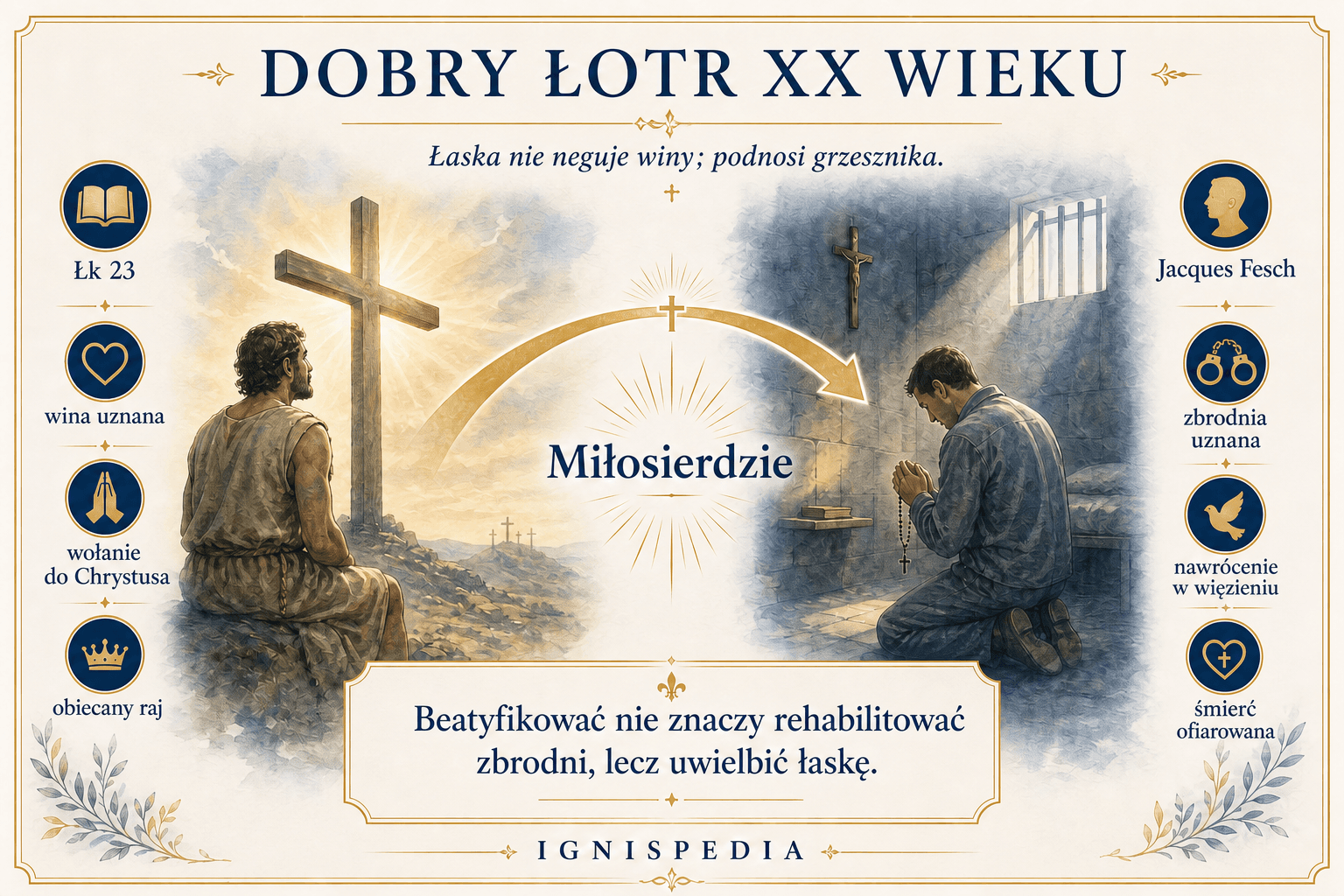 Infografika porównująca Jacques'a Fescha z dobrym łotrem z Ewangelii