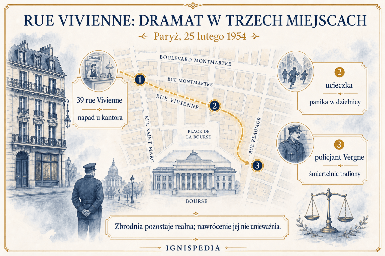Ilustrowana mapa dramatu przy rue Vivienne w Paryżu 25 lutego 1954 roku