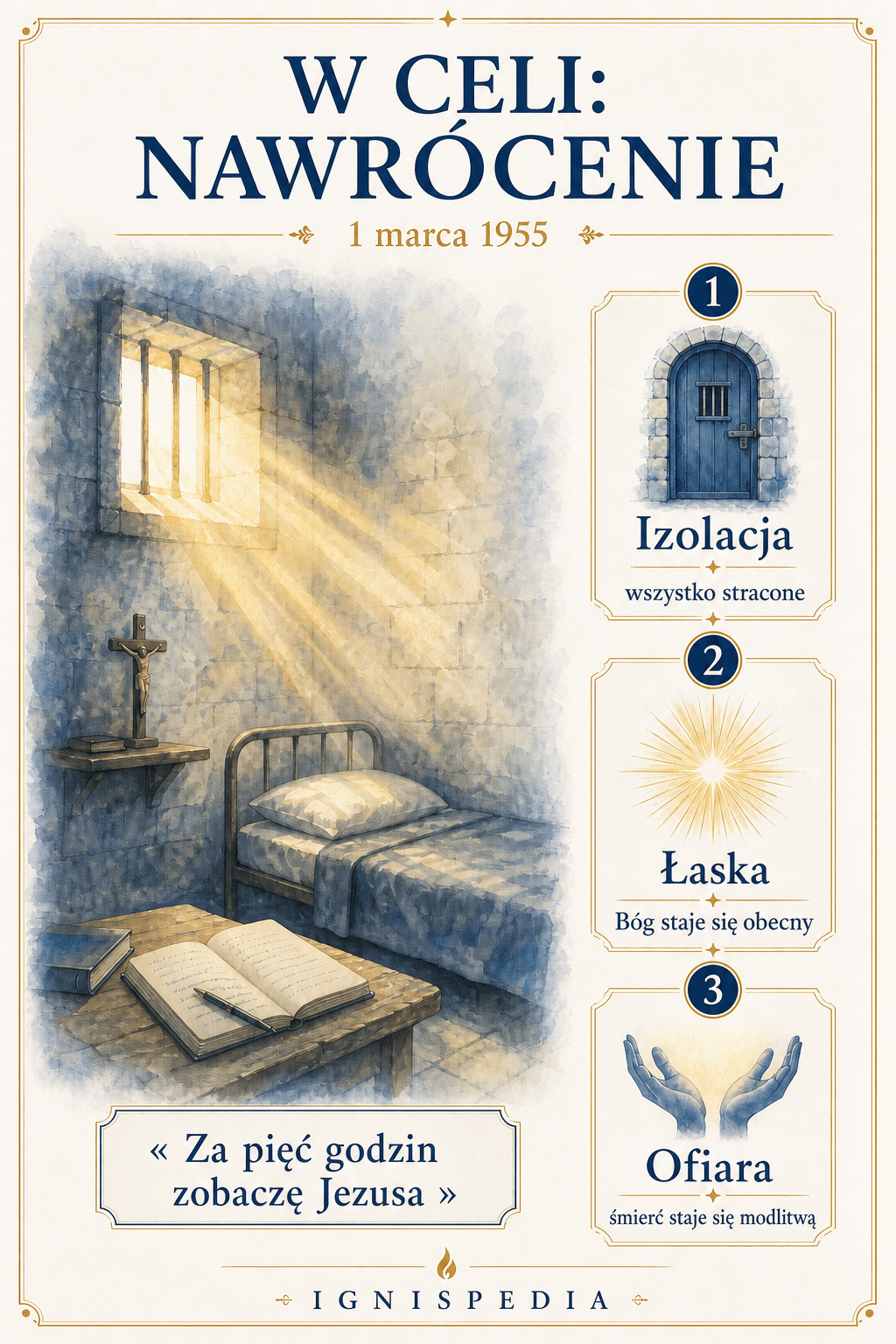 Infografika o nawróceniu Jacques'a Fescha w celi więziennej