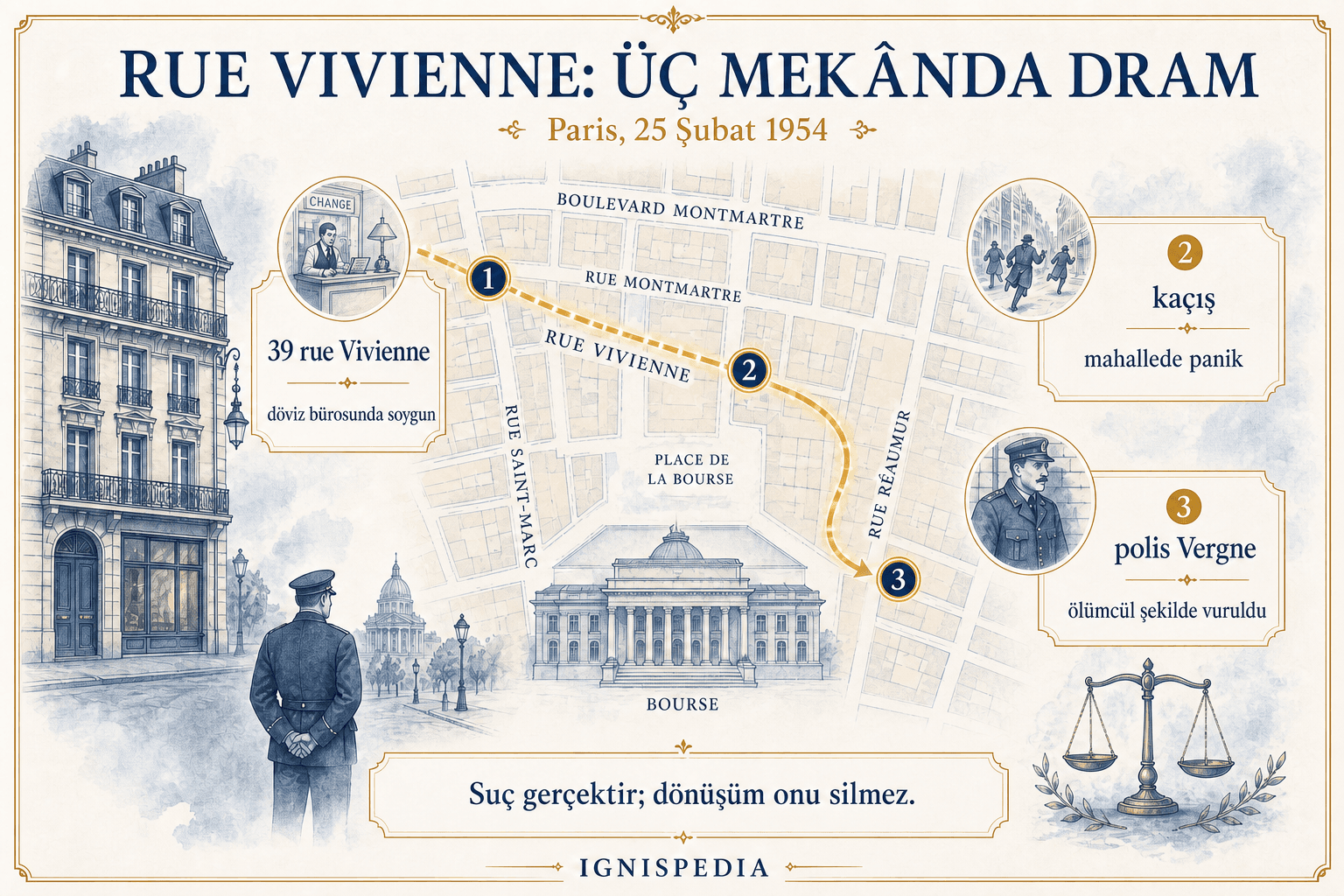25 Şubat 1954'te Paris rue Vivienne'deki dramın resimli haritası