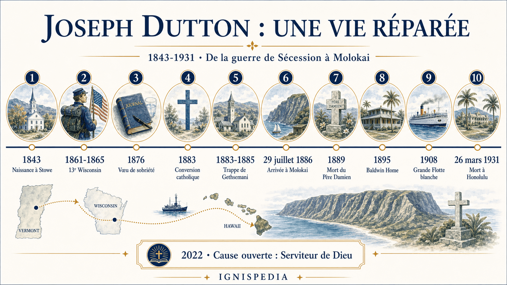 Frise chronologique de la vie de Joseph Dutton, de 1843 à 1931