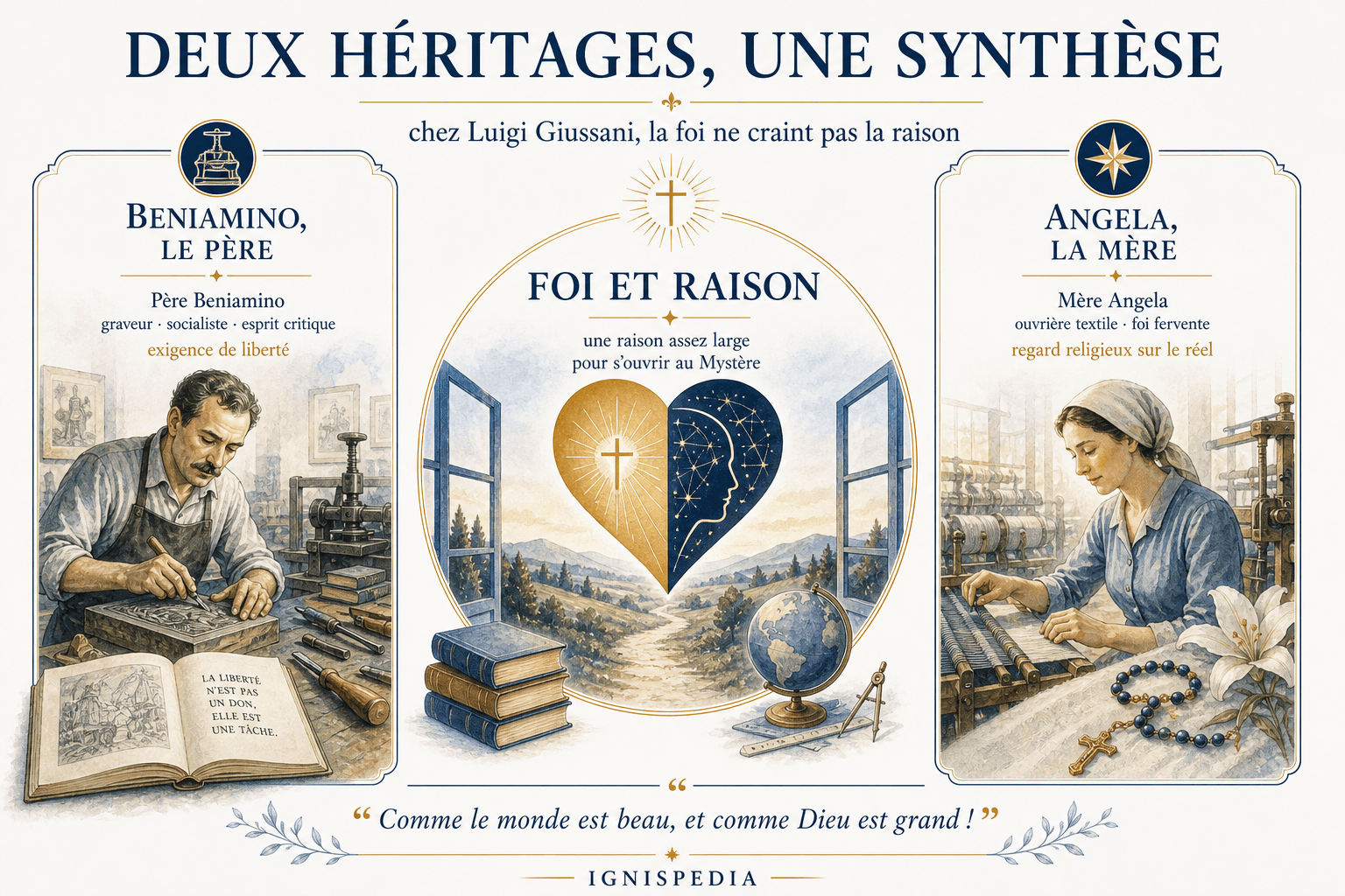 Infographie sur les deux héritages de Luigi Giussani, le père Beniamino et la mère Angela, réunis dans la synthèse foi et raison