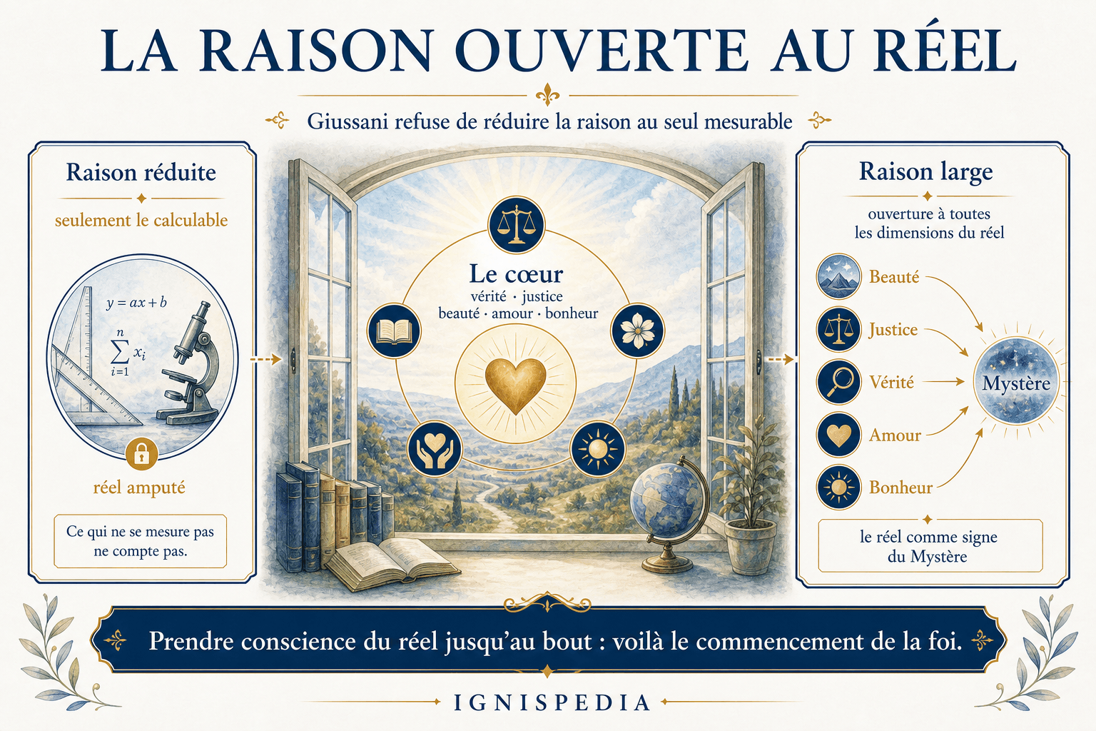 Infographie sur la raison ouverte au réel selon Luigi Giussani, opposant raison réduite et raison large ouverte au Mystère