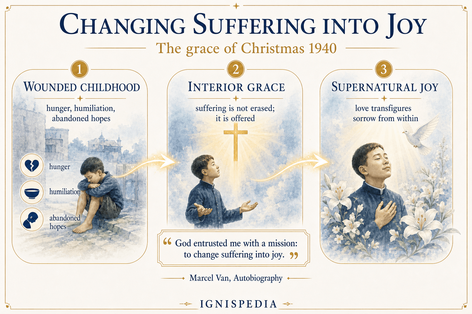 Infographic on Marcel Van's Christmas 1940 grace: changing suffering into joy