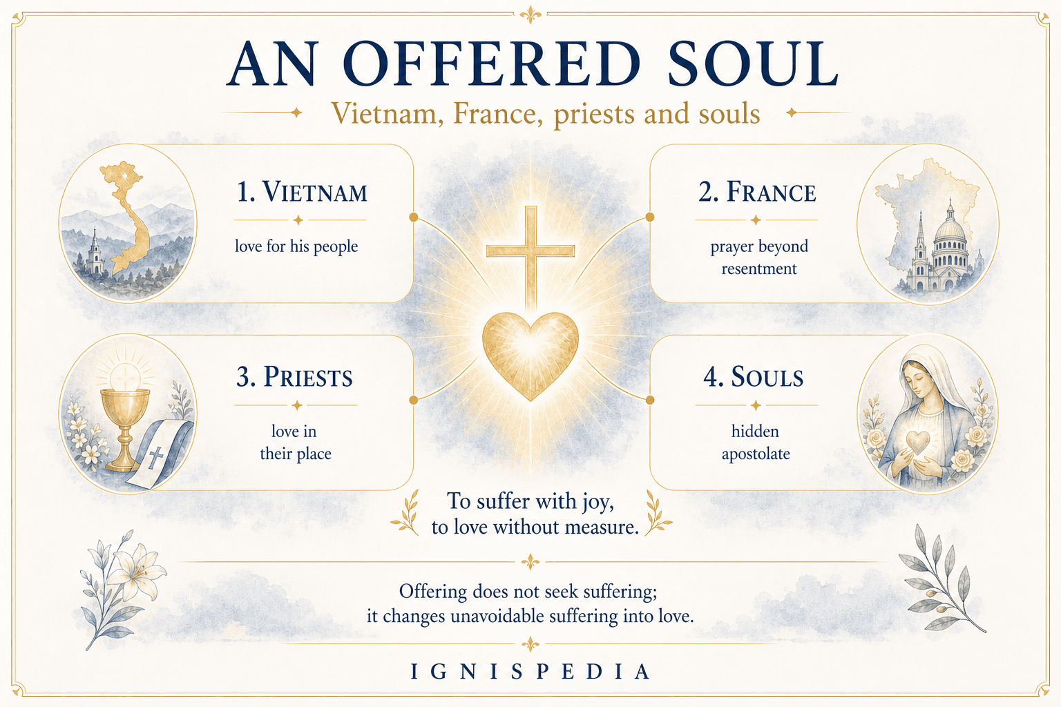 Infographic on Marcel Van's reparative vocation for Vietnam, France, priests and souls