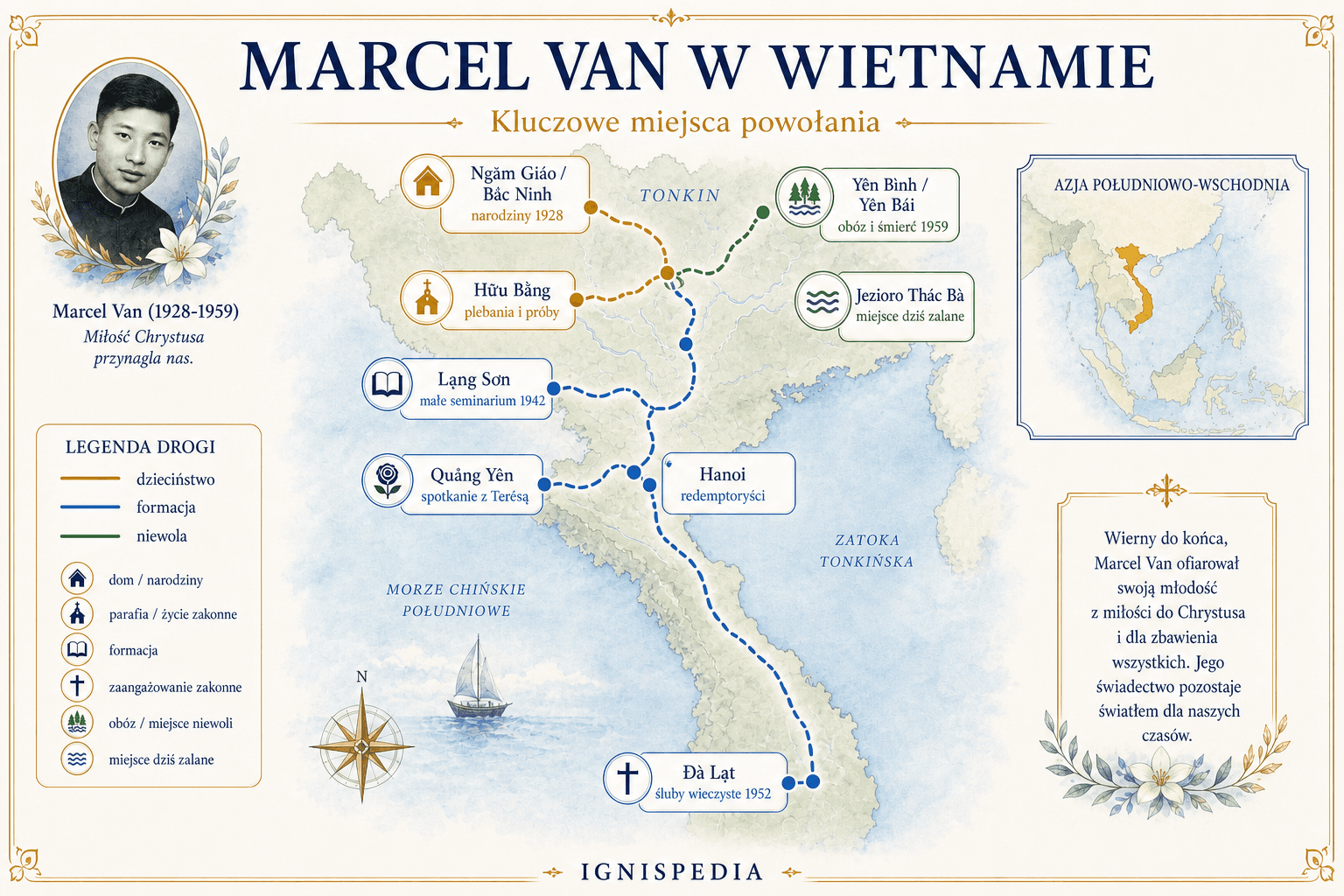 Mapa biograficzna Marcela Van w Wietnamie, od Tonkinu do obozu w Yên Bình