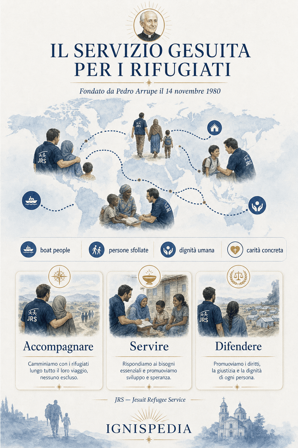 Infografica Ignispedia — Servizio Gesuita per i Rifugiati fondato da Pedro Arrupe: accompagnare, servire, difendere