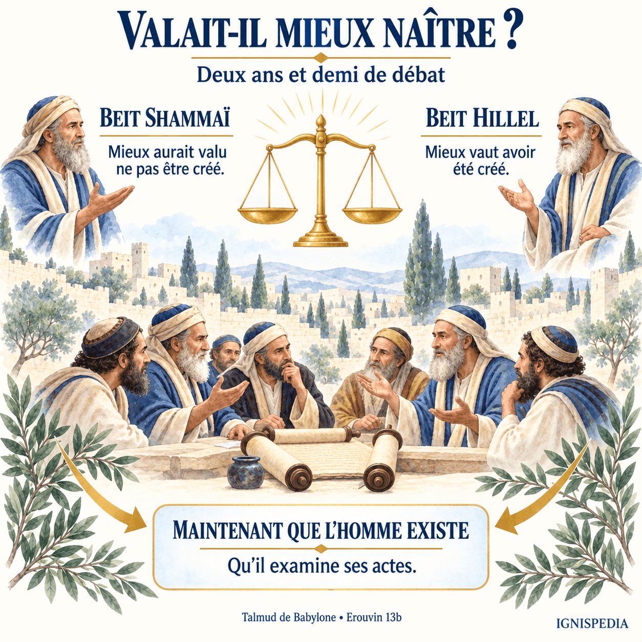 Beit Shammaï et Beit Hillel discutent la naissance de l’homme ; la conclusion appelle à examiner ses actes.