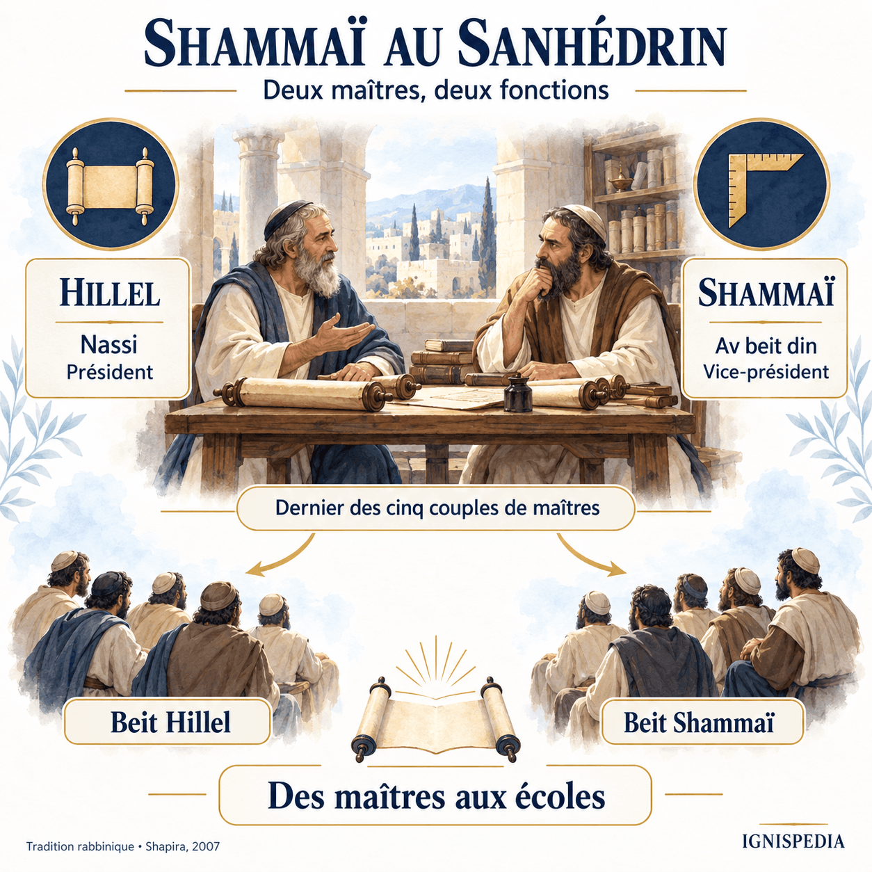 Fonctions de Hillel et Shammaï au Sanhédrin selon la tradition rabbinique et naissance des deux écoles.