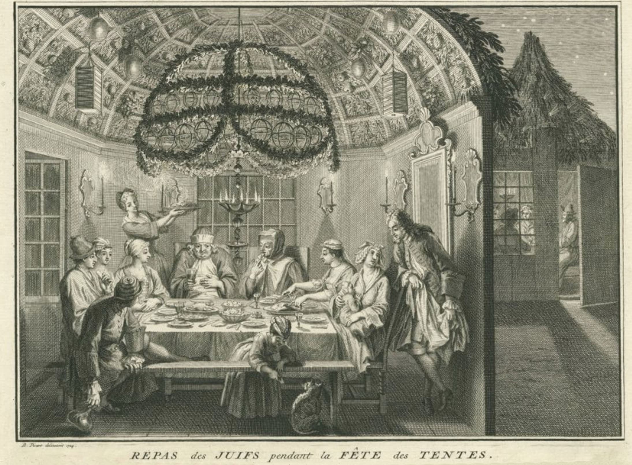 Repas de familles juives sous une souccah à Amsterdam, gravure de Bernard Picart de 1724.