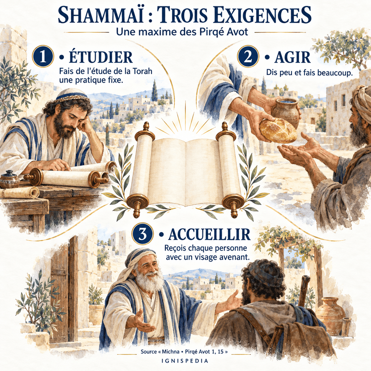 Les trois exigences de Shammaï : étudier régulièrement, agir plus que parler et accueillir avec bienveillance.
