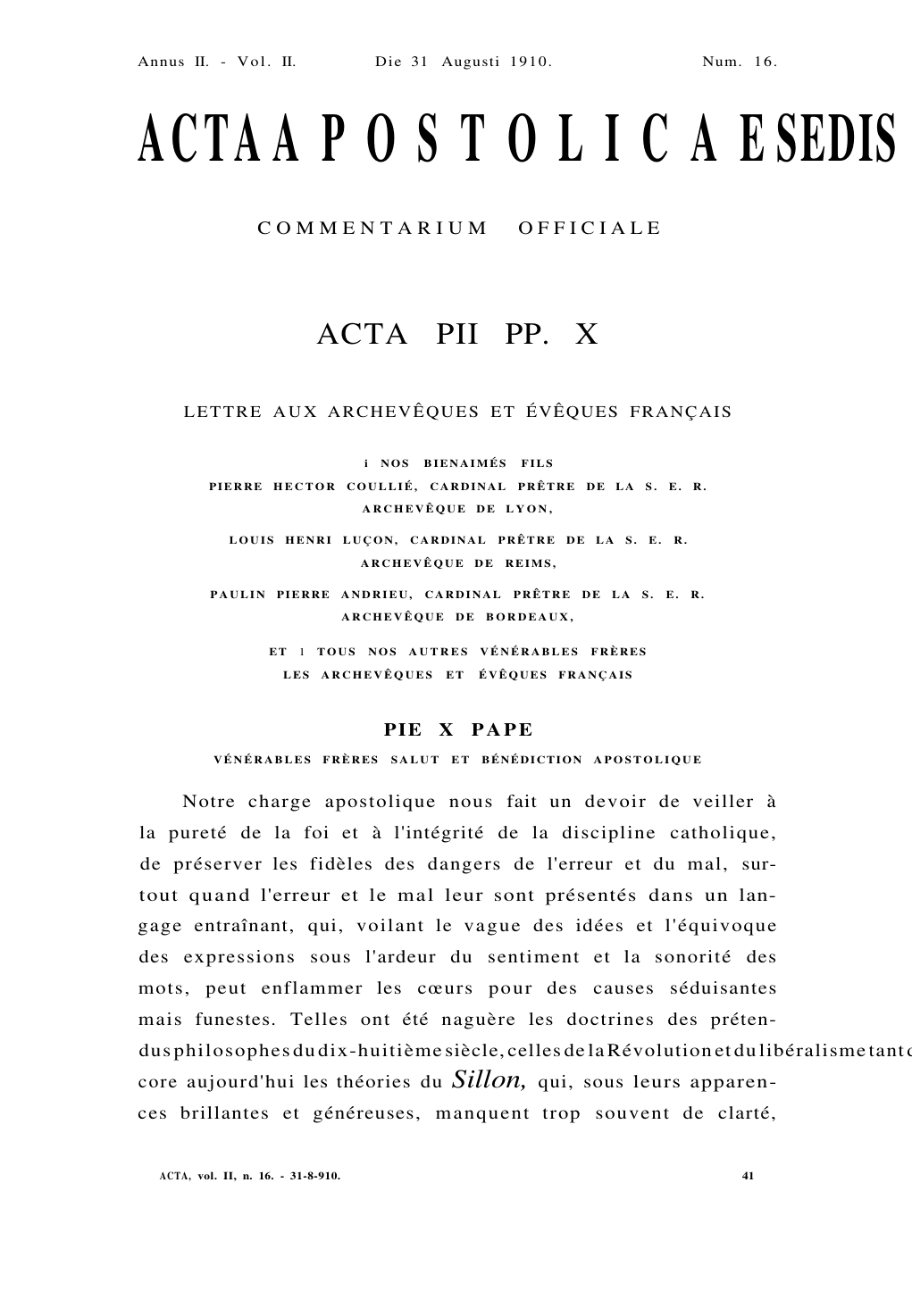 Prima pagina della Notre charge apostolique negli Acta Apostolicae Sedis del 1910