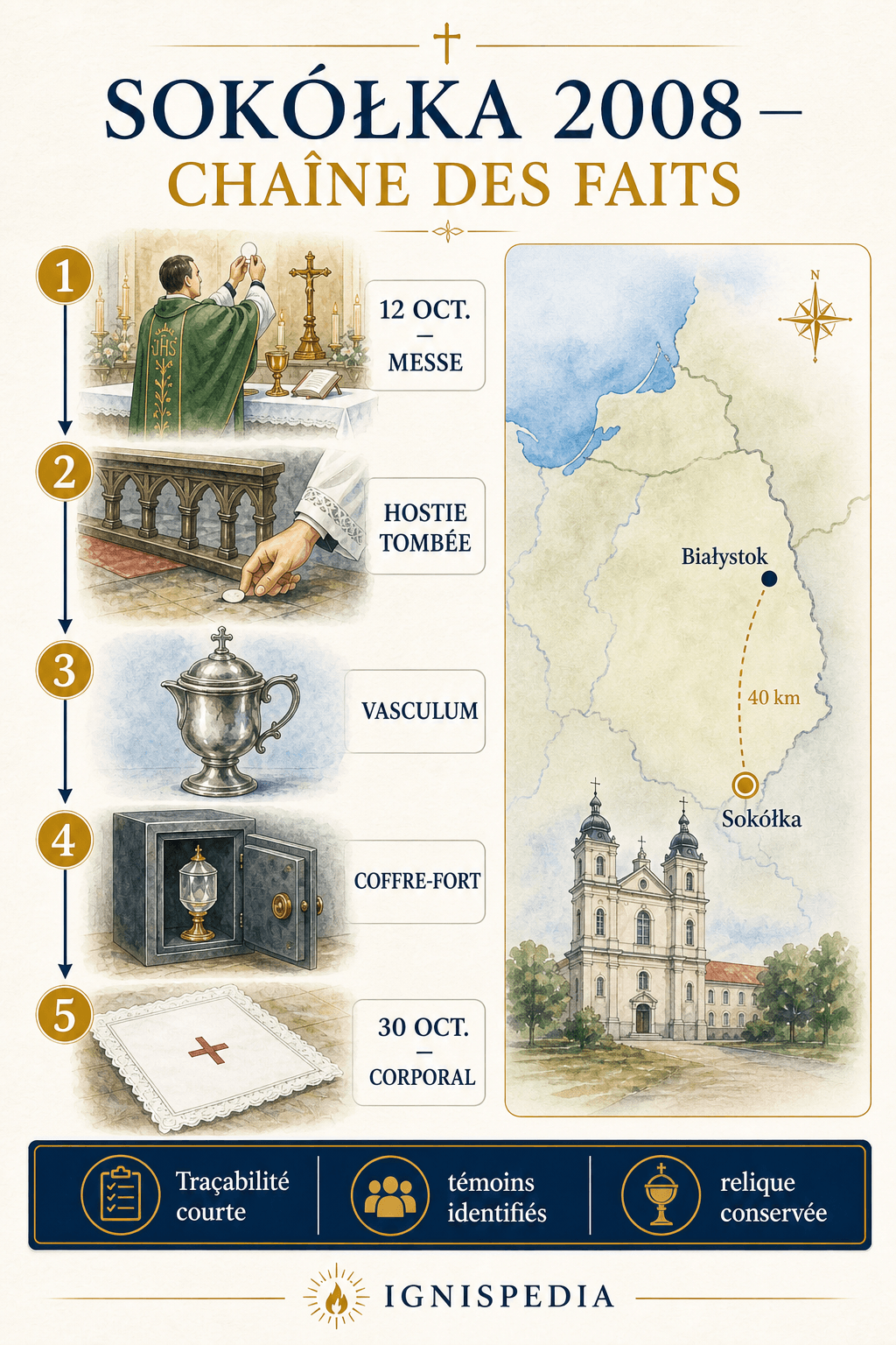 Infographie retraçant la chaîne des faits du miracle eucharistique de Sokółka, de la messe du 12 octobre 2008 au corporal du 30 octobre