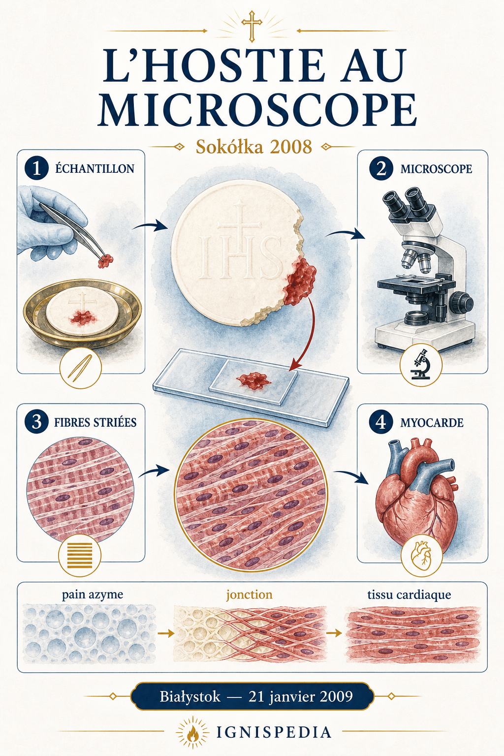 Infographie expliquant l'observation de l'hostie de Sokółka au microscope et l'identification du tissu myocardique