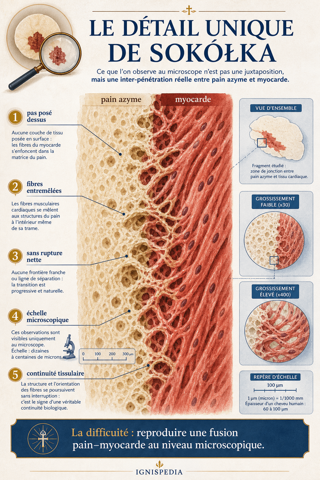 Infographie anatomique montrant l'interpénétration microscopique entre pain azyme et myocarde dans le miracle de Sokółka