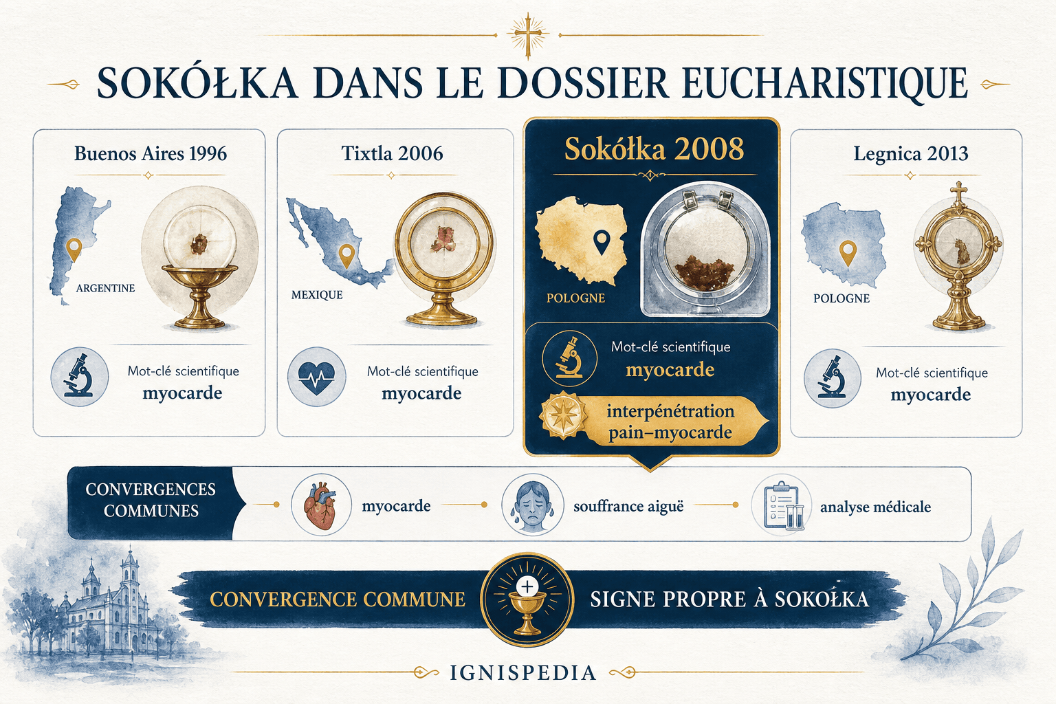 Infographie comparant Sokółka aux miracles eucharistiques modernes de Buenos Aires, Tixtla et Legnica