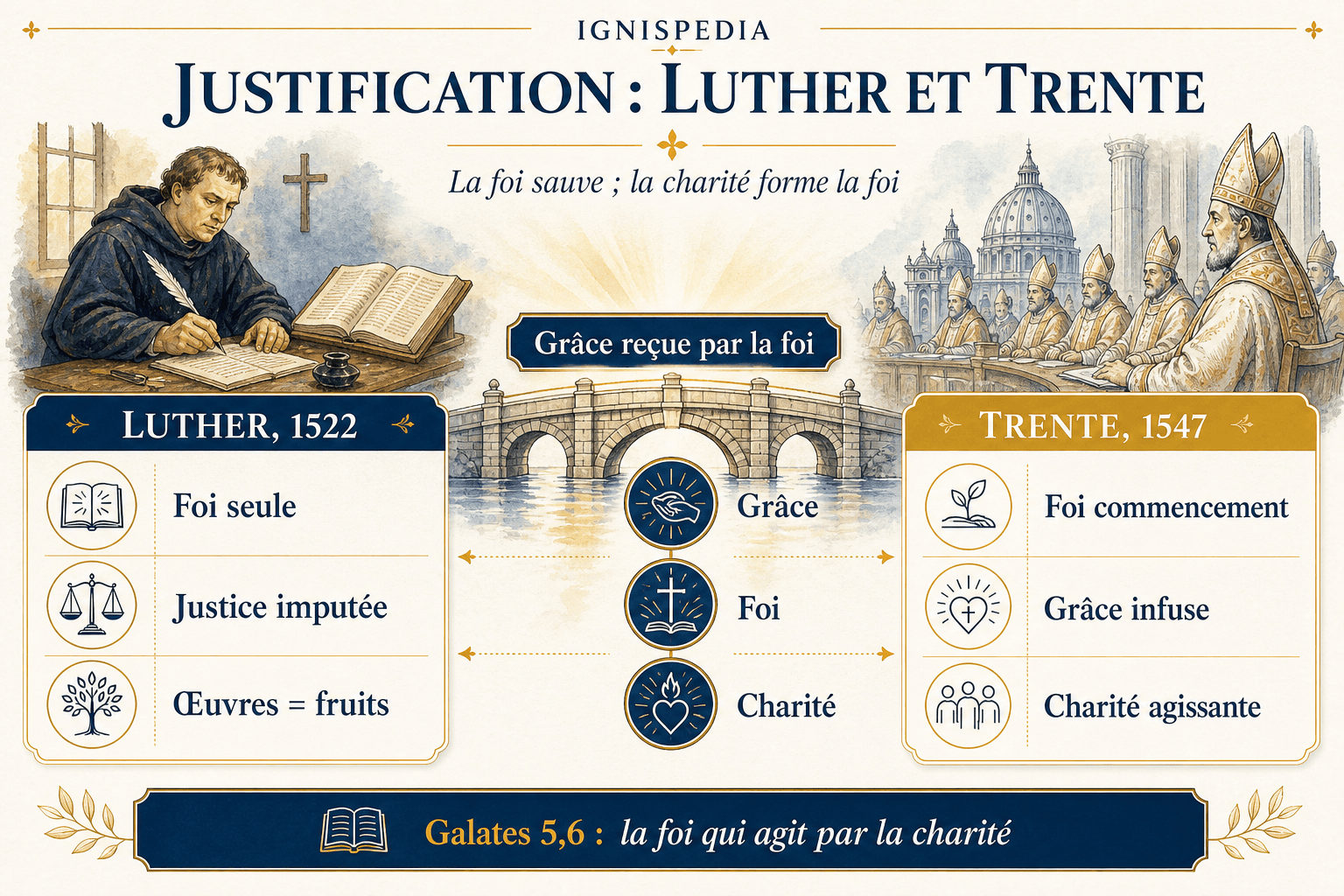 Comparaison entre la justification selon Luther (sola fide) et selon le Concile de Trente