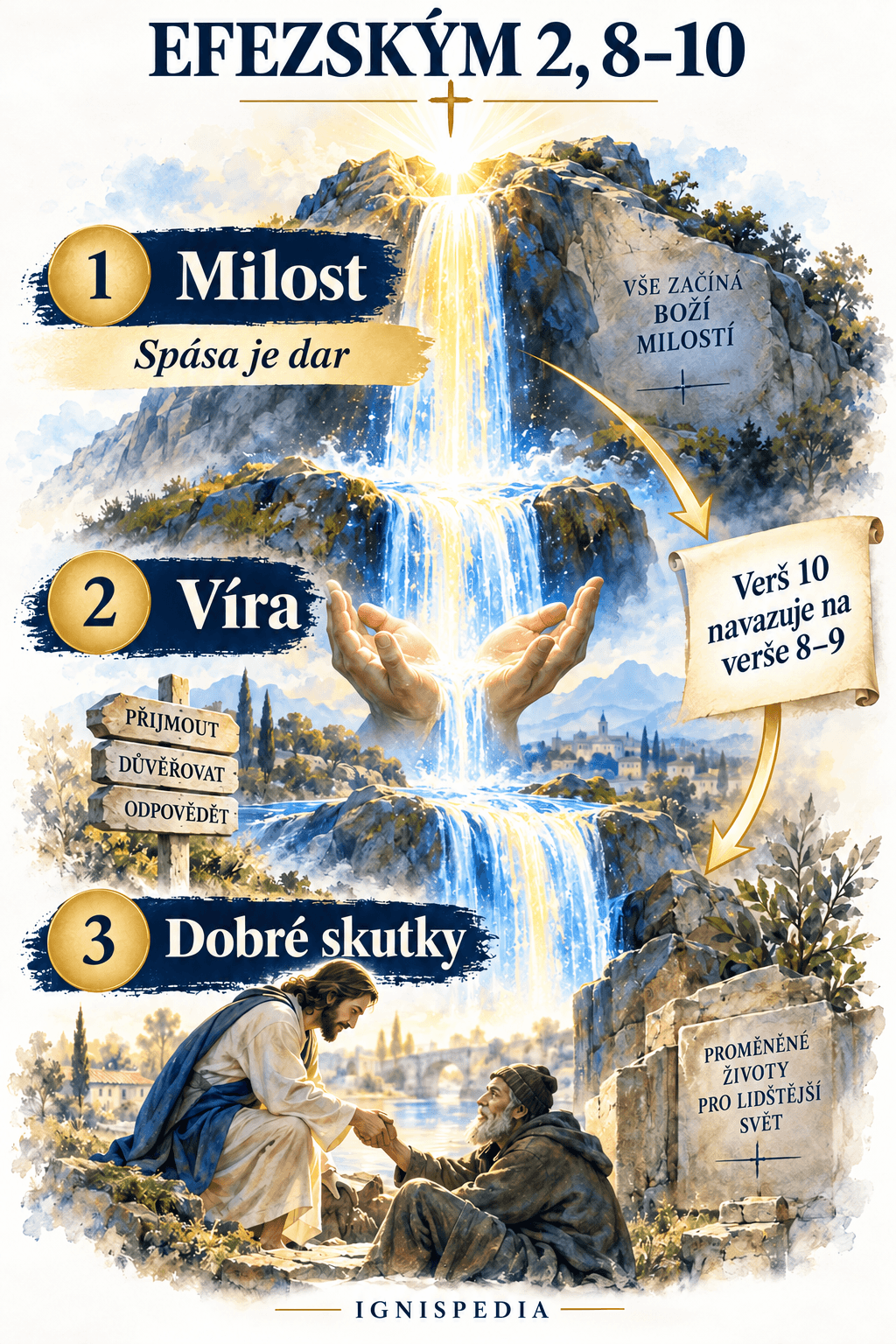 Efezským 2, 8-10: daná milost, přijatá víra a potom dobré skutky připravené Bohem