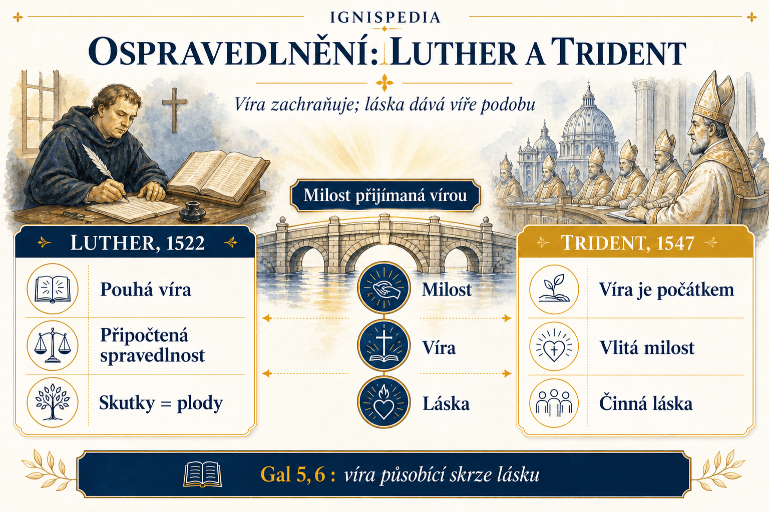 Srovnání ospravedlnění podle Luthera (sola fide) a podle Tridentského koncilu