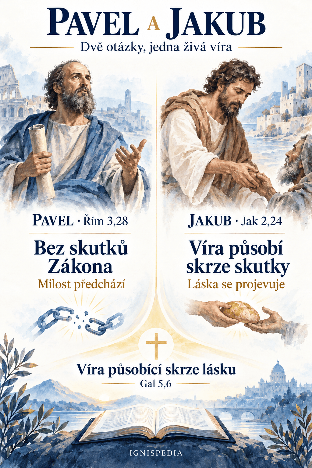 Pavel mluví o skutcích Zákona; Jakub popisuje víru působící skrze skutky lásky