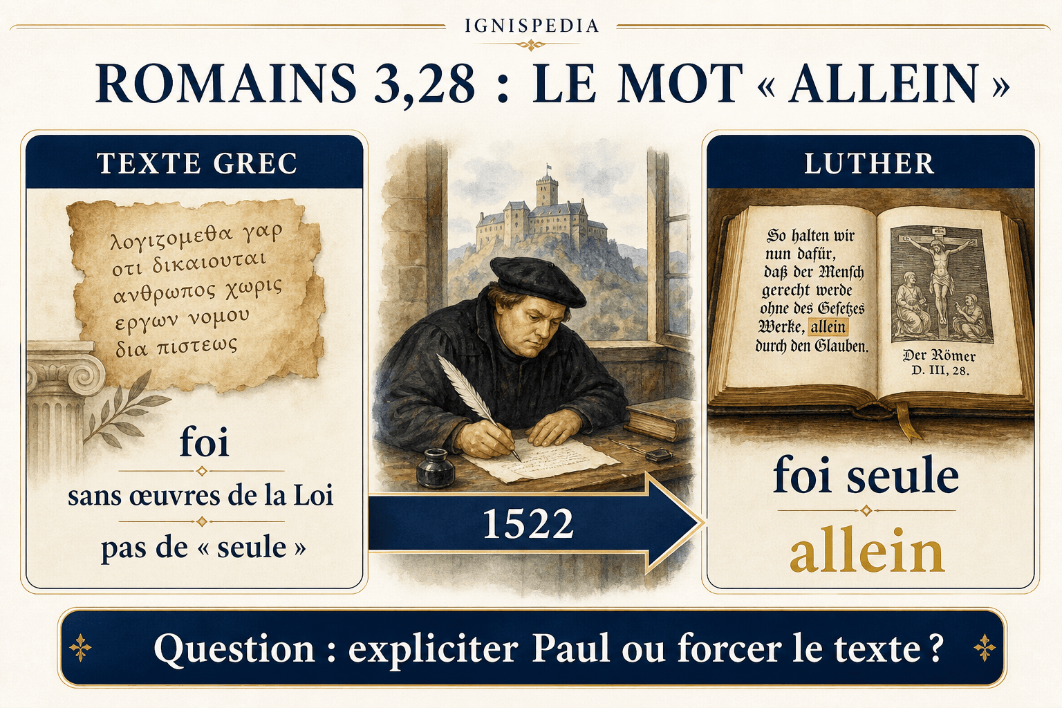 Infographie sur Romains 3,28 et le mot allemand allein dans la traduction de Luther