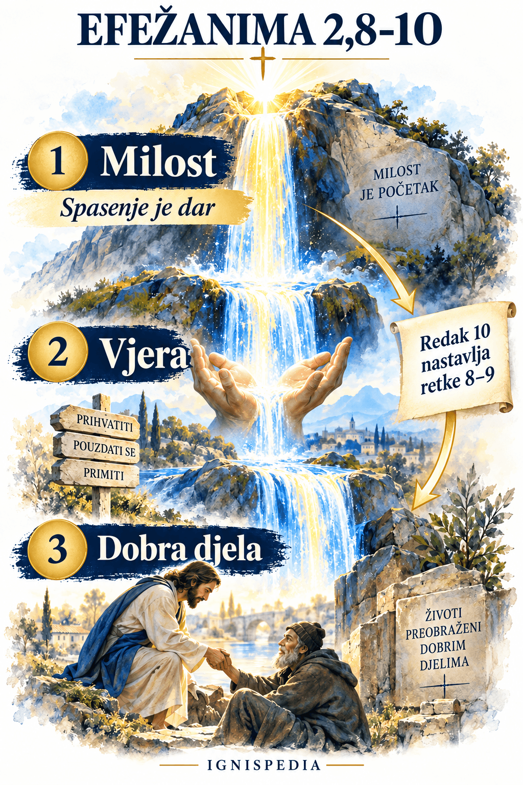 Efežanima 2,8-10: dana milost, primljena vjera, potom dobra djela koja je Bog pripravio