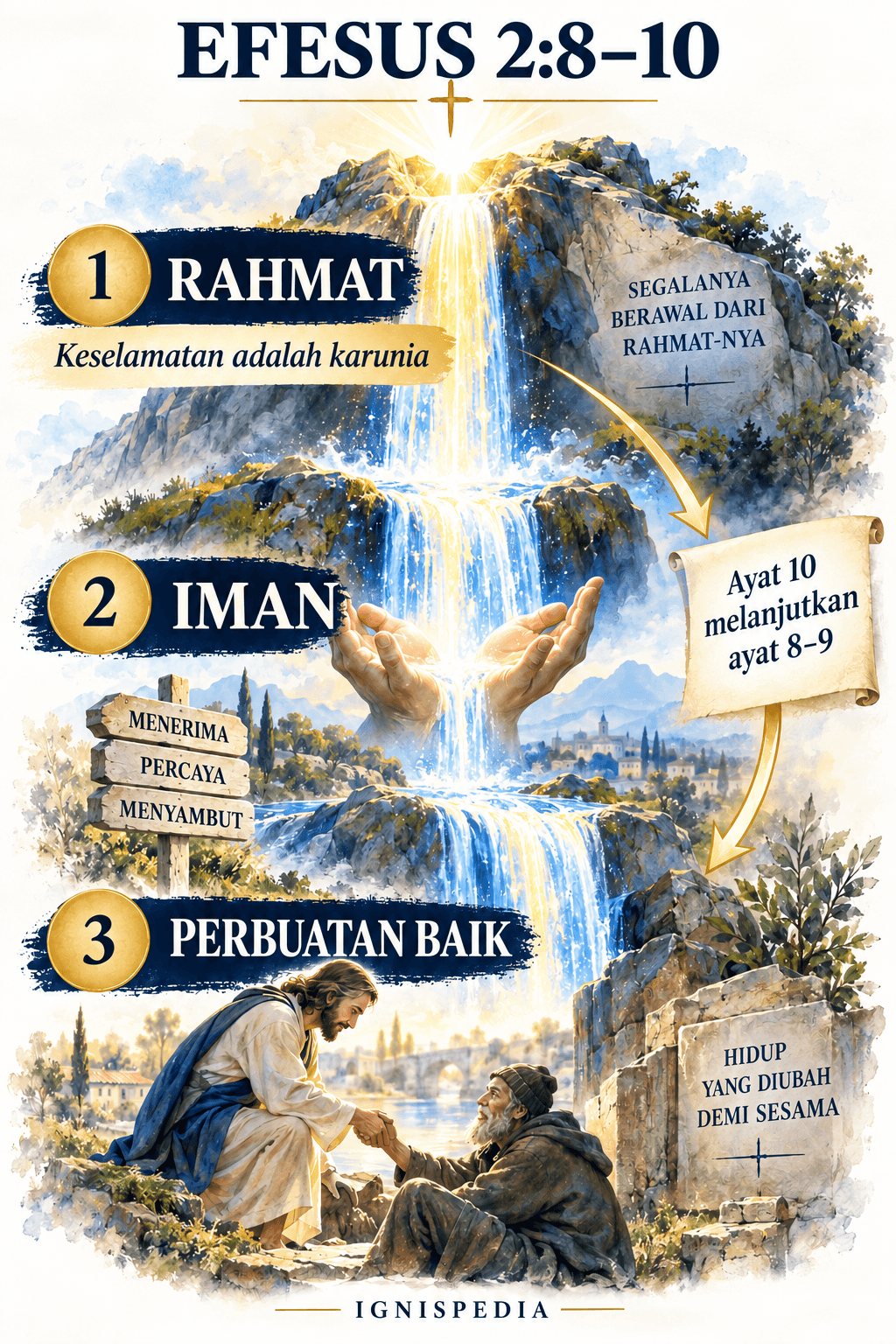 Efesus 2:8-10: kasih karunia yang diberikan, iman yang diterima, kemudian perbuatan-perbuatan baik yang disediakan Allah