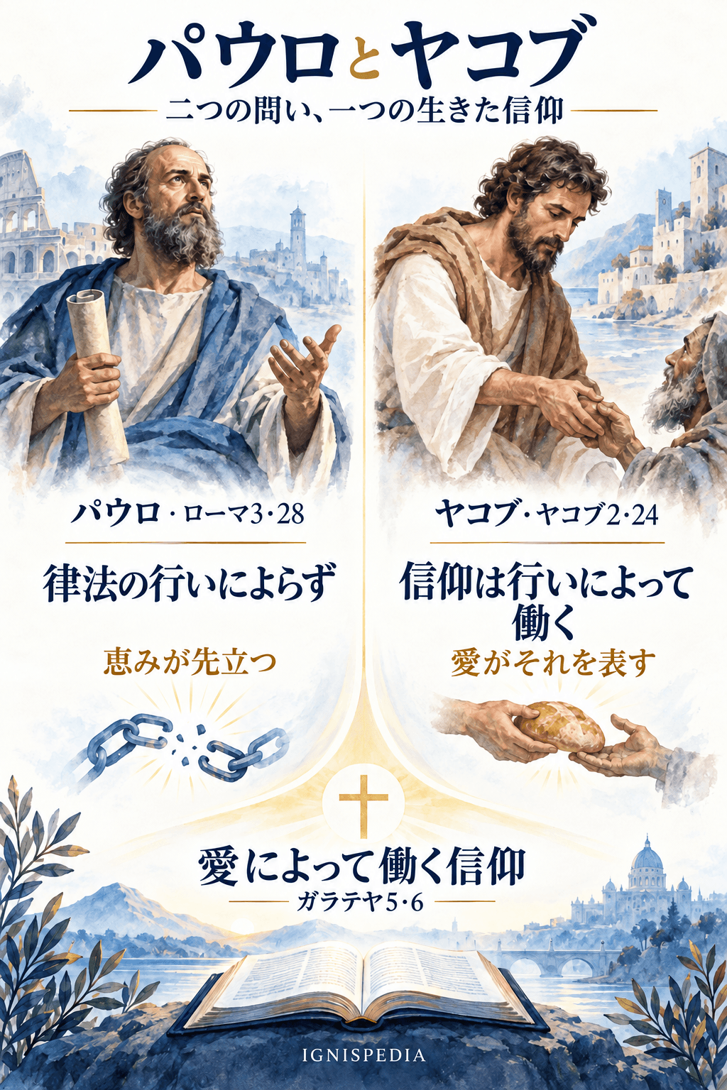 パウロは律法の行いについて語り、ヤコブは愛の行いによって働く信仰を述べている