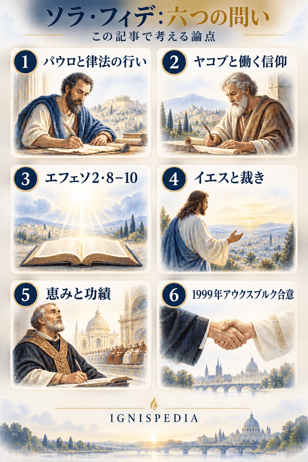 信仰のみによる義認に関して扱われる六つの問い：パウロ、ヤコブ、エフェソ人への手紙、イエス、恵み、そしてアウクスブルク信仰告白
