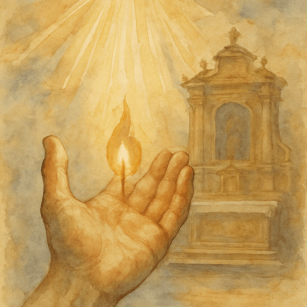 Mano tendida hacia una luz dorada que desciende del cielo