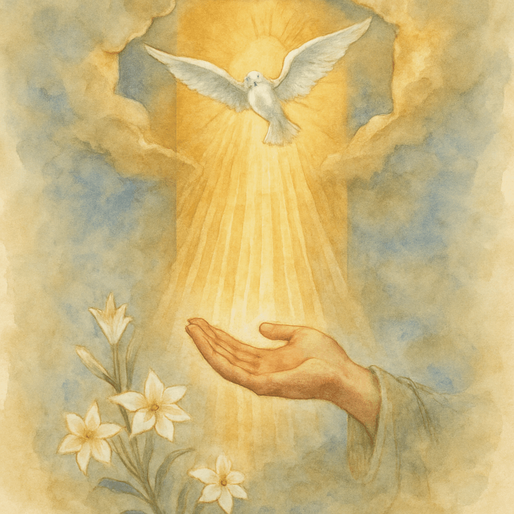 Aquarell-Allegorie der zuvorkommenden Gnade, die vom Himmel auf eine geöffnete menschliche Hand herabkommt