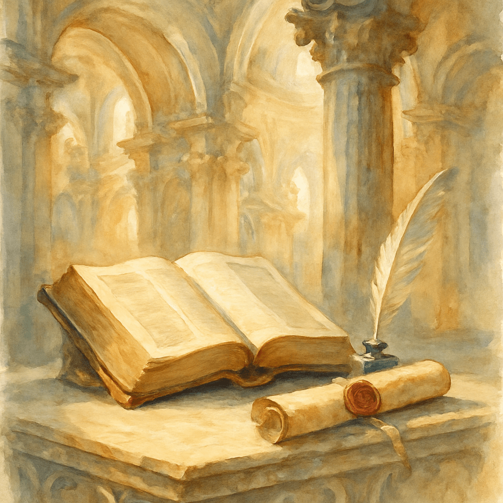 Livro das Escrituras aberto sobre o altar com coluna de igreja em segundo plano