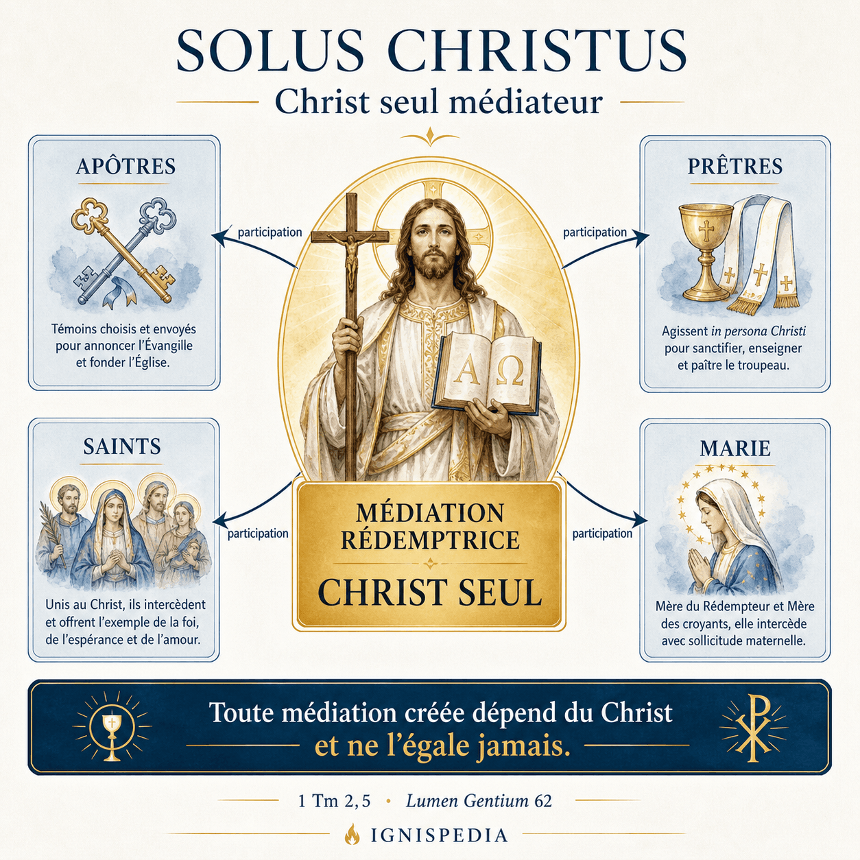 Infographie Solus Christus : médiation rédemptrice du Christ et médiations participées