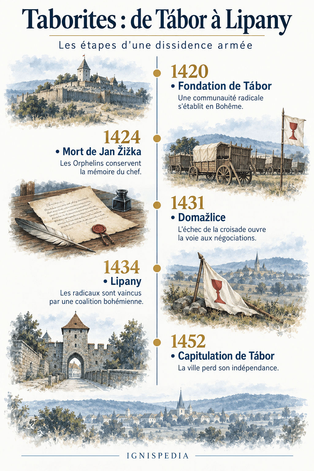 Cinque tappe della storia taborita, dalla fondazione di Tábor nel 1420 alla sua capitolazione nel 1452