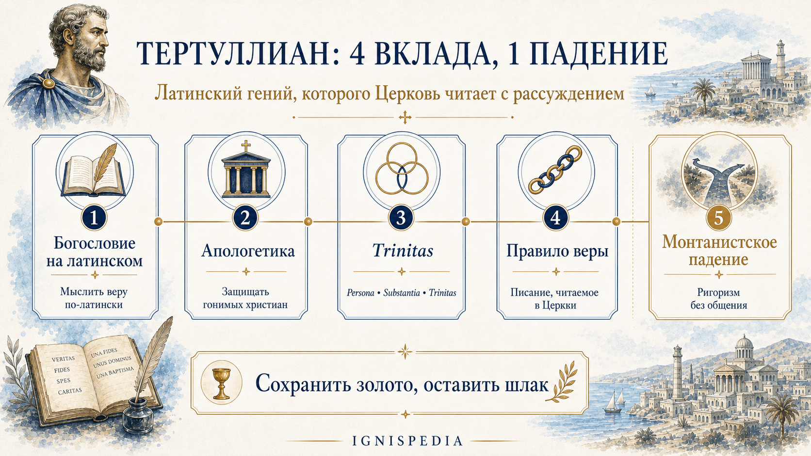 Инфографика: Тертуллиан, четыре главных вклада и падение