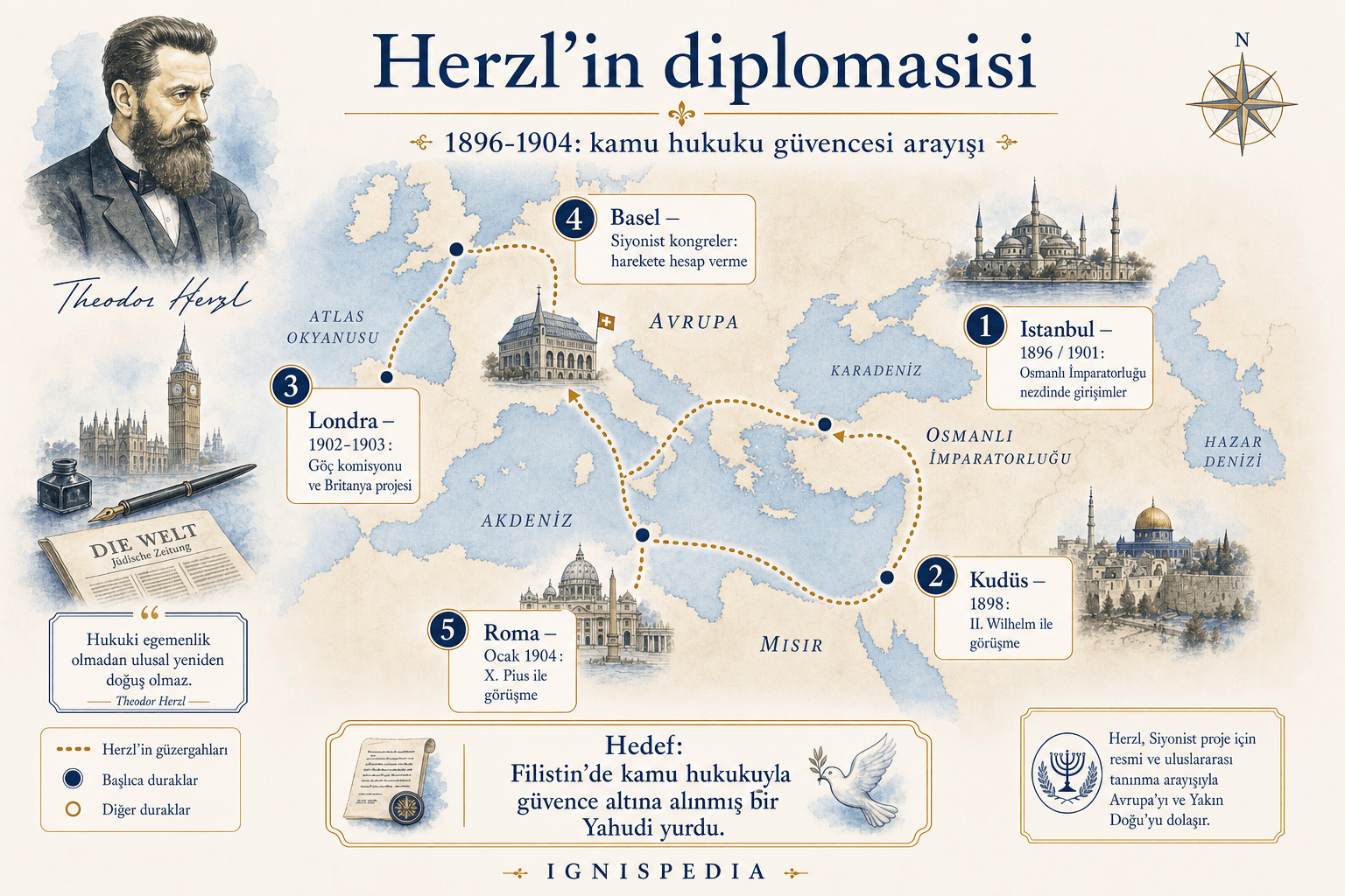 Theodor Herzl’in 1896 ile 1904 arasındaki diplomatik girişimlerinin özet haritası
