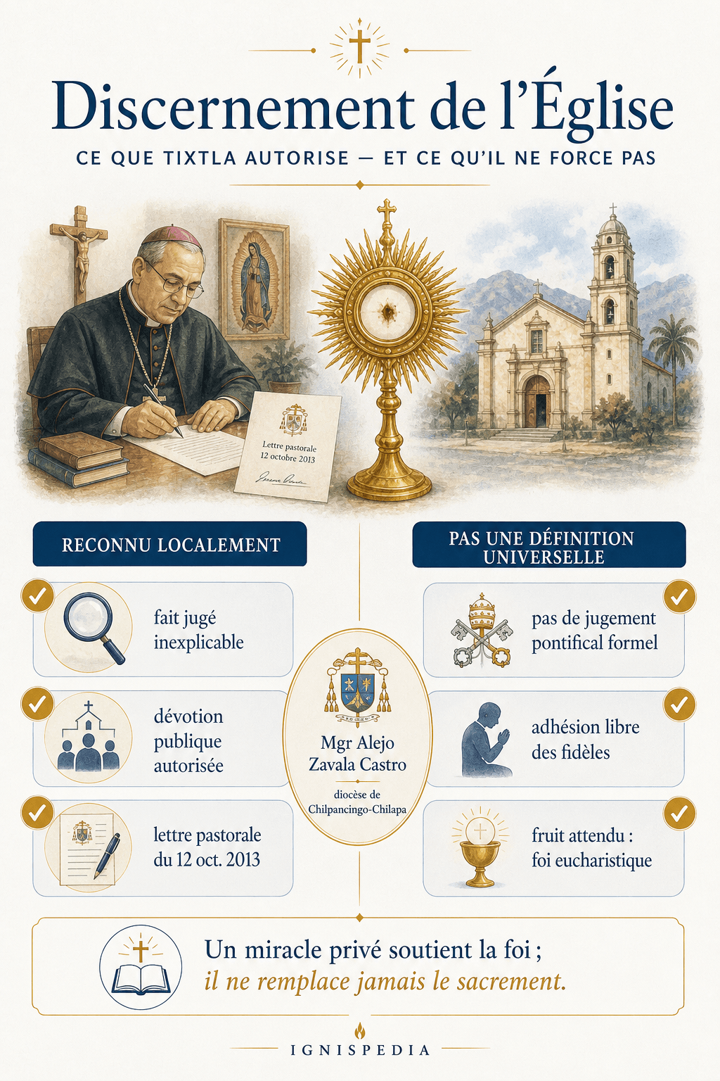 Infographie Ignispedia clarifiant le statut ecclésial du miracle eucharistique de Tixtla et la portée de la reconnaissance diocésaine