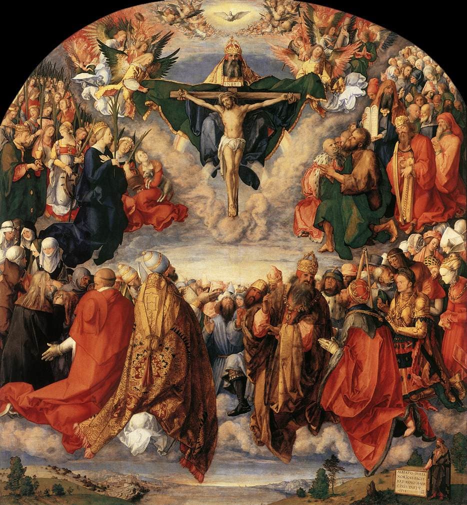 Dürer'in sunağında Üçlü Birlik'e tapınan azizler kalabalığı.