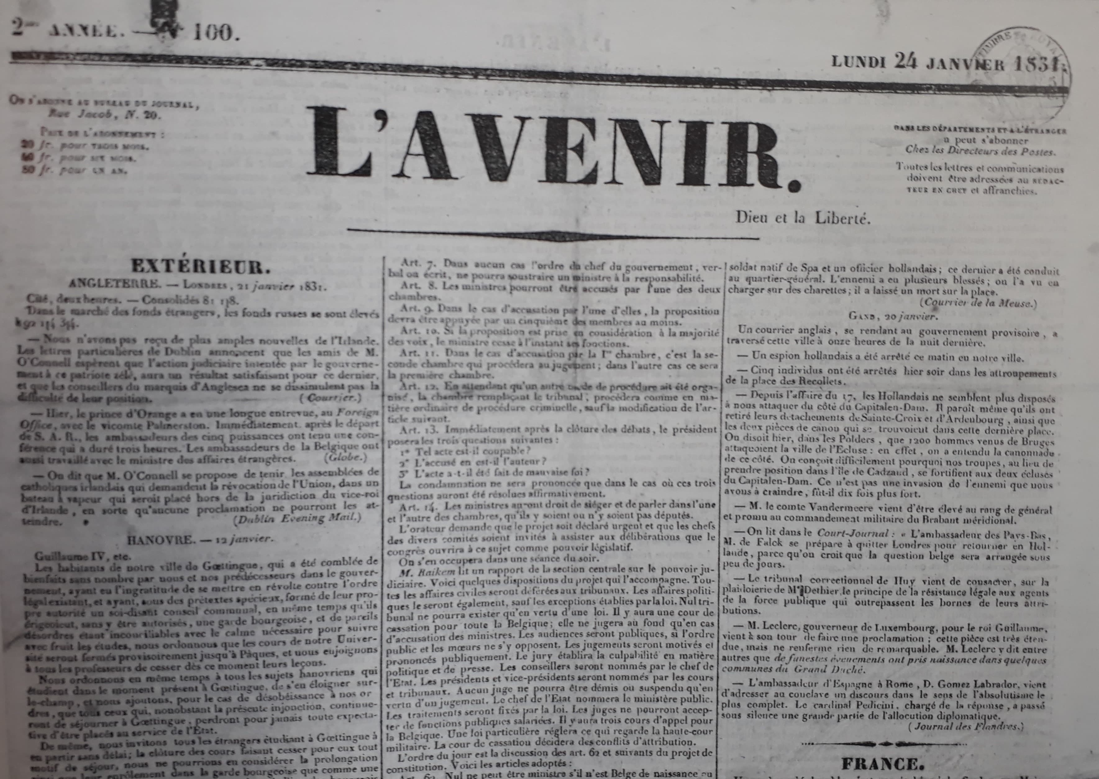 Front page of issue 100 of L'Avenir dated 24 January 1831